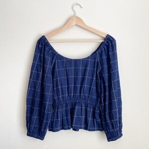 NWT Madewell Blue Smocked Peplum Blouse with 3/4 Sleeves